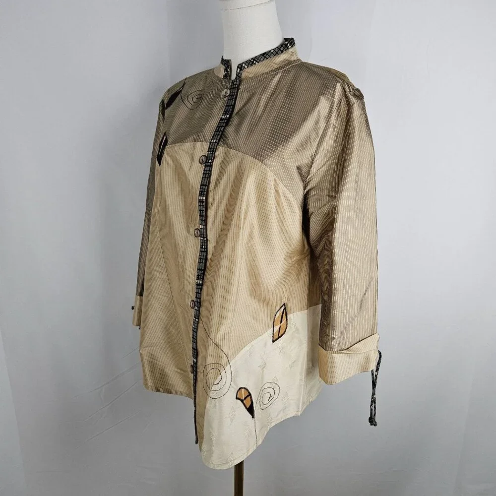 Canvasbacks Silk Blazer Jacket Medium Applique Gold Vintage Boho Artsy - Picture 4 of 10